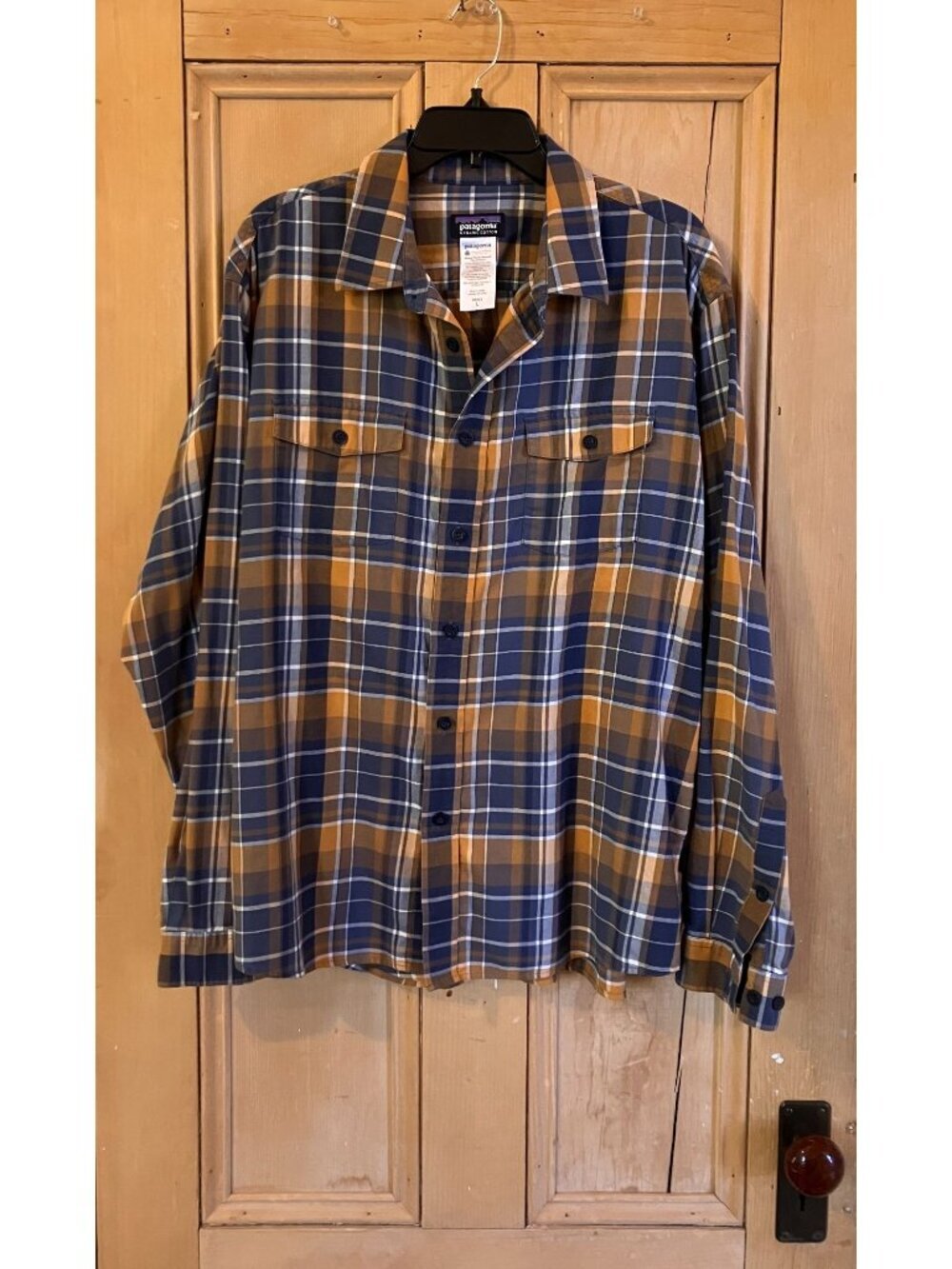 Patagonia Mens Fjord Flannel Plaid Organic Cotton Shirt Large Blue Yellow FA EXC